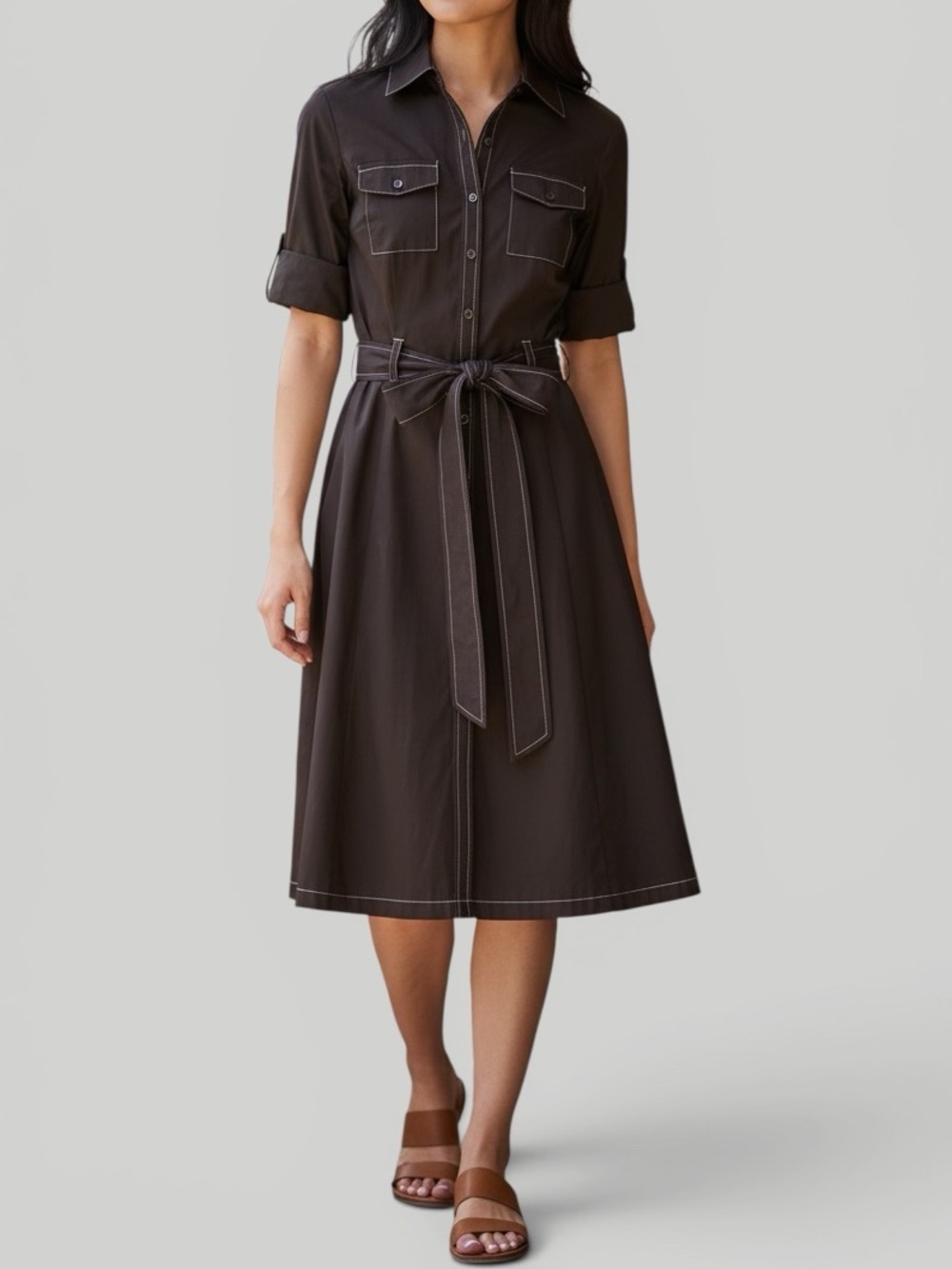 NEW Loft Contrast Stitch Brown Button Front Utility Shirt Dress Women’s Size 0